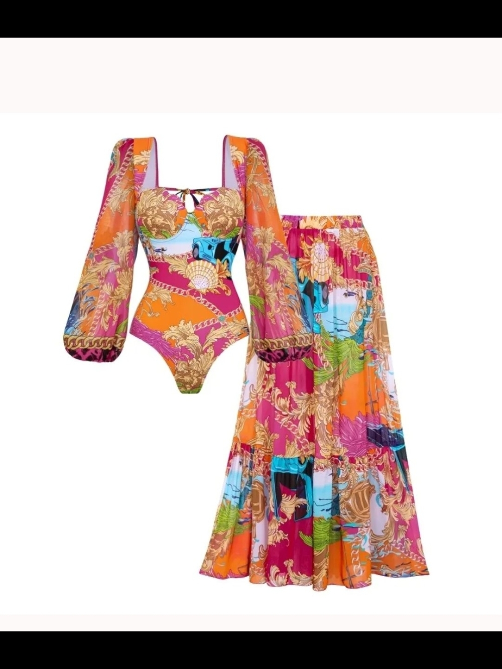 Vibrant Multi-Color Puff-Sleeve One-Piece Swimsuit with Matching Skirt